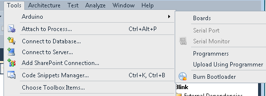 Arduino Visual Studio Tools Menu